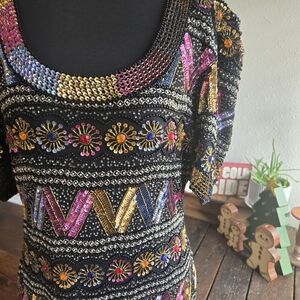 Vintage Silk Embellished Black and Multicolor Midi Dress